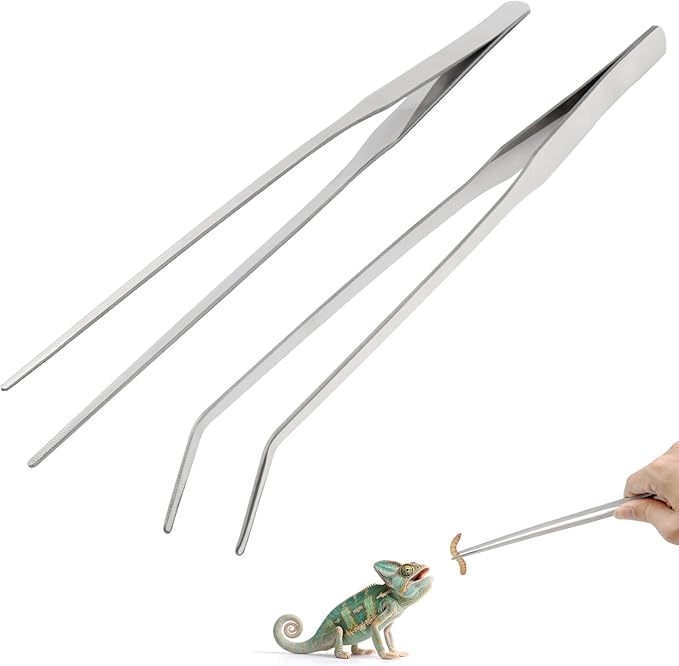 Syn-zer 2PCS Stainless Steel Reptile Feeding Tongs, 10.6 inch Straight and Curved Tweezers for Aquarium, Terrarium & Crafts Bearded Dragon Snake Tank Accessories, Planted Tank Tools Feeder for Lizards