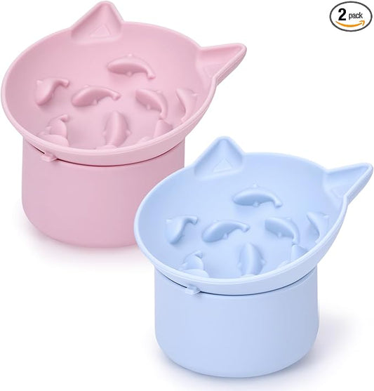 Funnymoom 2 Pack Silicone Cat Slow Feeder, Elevated Slow Feeder Cat Bowl for Dry and Wet Food, Tilted Design with Non Slip Base, Adjustable Angle for Pet(Pink and Blue)