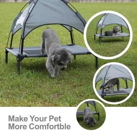 Small Elevated Dog Bed with Canopy - Upgraded 30IN Outdoor Raised Dog Cot Bed with Removable Shade Tent, Pet Cot Gray(S Size)