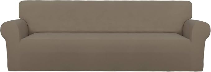 PureFit Super Stretch 4 Seater Sofa Slipcover – Spandex Non Slip Soft Couch Sofa Cover, Washable Furniture Protector with Non Skid Foam and Elastic Bottom for Kids, Pets （XX Large, Natural）