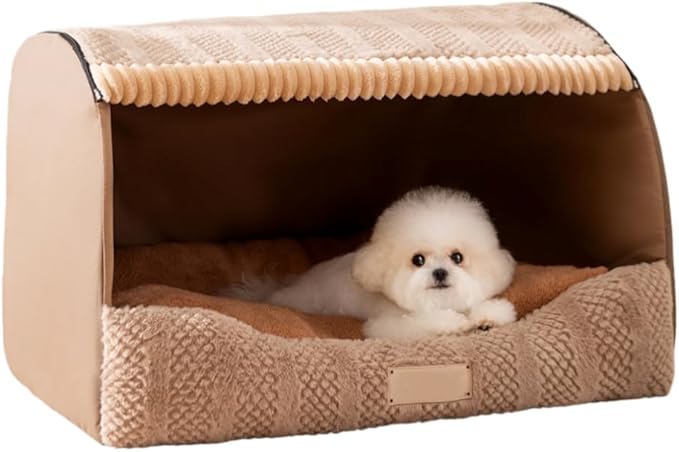 Large Dog House Indoor, Foldable Pet House Bed with Removable Plush Cushion, Warm Covered Dog Cave Nest Bed for Small Medium Extra Large Dogs (Brown, Medium)
