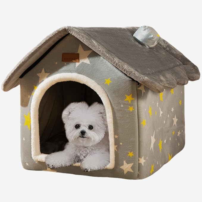 SEAHOME Foldable Dog House Kennel Bed Mat for Indoor Pets,Enclosed Warm Plush Sleeping Nest Bed with Removable Cushion,Covered Small Pet Condos Indoor Cat Hideaway (M, Grey)