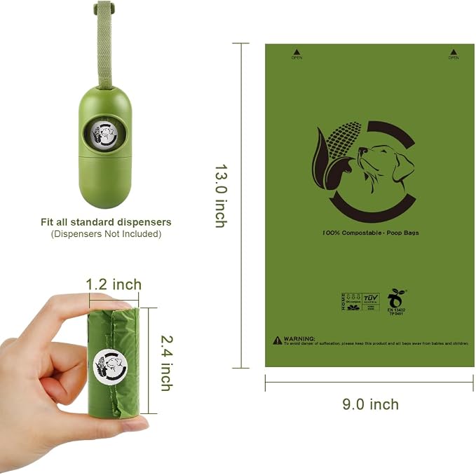Certified Compostable Dog Poop Bags, 120 Count Landfill Friendly and Leakproof Waste Bags, Easy Open Unscented Forest Green Poop Bag for Dog, 15 Doggy Bags Per Roll (8 rolls)