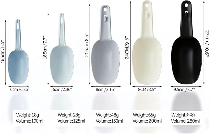 Plastic Flour Scoops, Pet Food Scoops Plastic Pack of 5, Multifunctional Dog Food Scoops with Measuring Cups, Pet Food Measuring Scoop Set