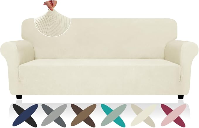 ZNSAYOTX Super Stretch Couch Cover (72"-92"), New Striped Sofa Covers Fitted Slipcovers with Elastic Bottom, Dog Cat Pets Proof Spandex Fabric Comfortable & Durable (Beige, Sofa)