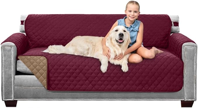 Sofa Shield® Couch Slip Covers for Dogs, Reversible Furniture Protector with Strap, Stain and Tear Resistant Cushion Cover, 70 inch Seat, Machine Washable Slipcover Pets, Cats, Burgundy Tan