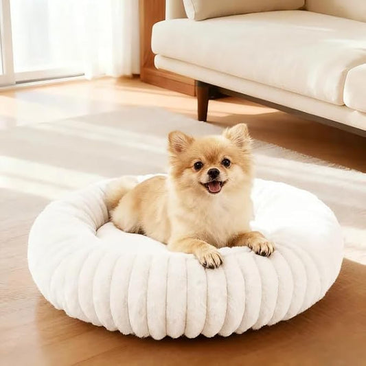 Calming Dog Bed Anti-Anxiety Donut Dog Beds for Small Medium Large Dogs,Washable Plush Fluffy Indoor Cat Kitten Round Cuddler Cushion (Cream, Small)