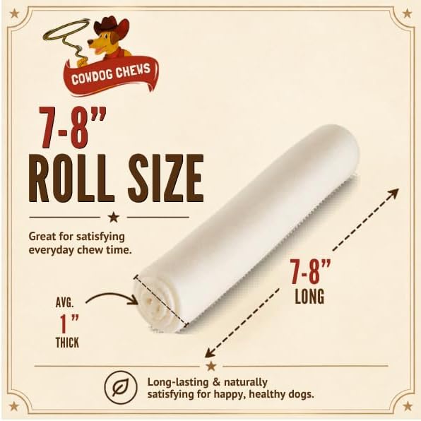 Cowdog Chews Beefhide Roll (7-8 inch) Long Lasting Dog Treat Bone, Great for Dental Health and Aggressive Chewers (80 Count)