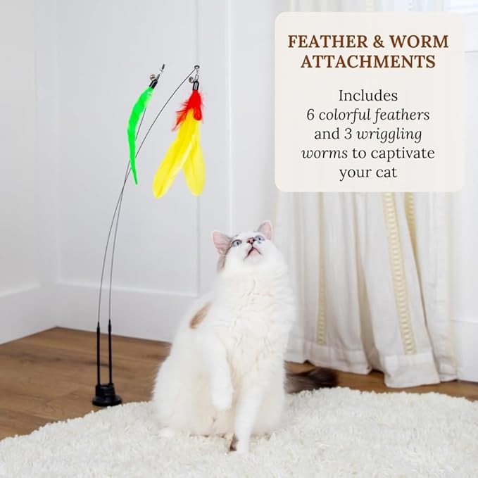 Cat Wand Toy for Indoor Cats - 43 Inch Retractable Fishing Pole Teaser - 9 Feather Attachments - Weighted Round Base - Suction Cup Mount - Bored Adult Feline Hunting Exercise - Kitten Juguetes Set