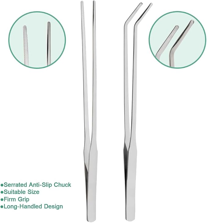 Syn-zer 2PCS Stainless Steel Reptile Feeding Tongs, 10.6 inch Straight and Curved Tweezers for Aquarium, Terrarium & Crafts Bearded Dragon Snake Tank Accessories, Planted Tank Tools Feeder for Lizards