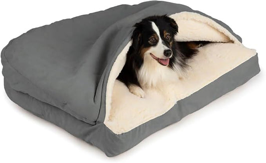 Snoozer Rectangle Cozy Cave Dog Bed - Indoor Dog Bed with Cover Cave, Covered Calming Burrow for Medium & Large Sized Pets with Blanket Attached, Enclosed, Washable Cover - Large, Anthracite