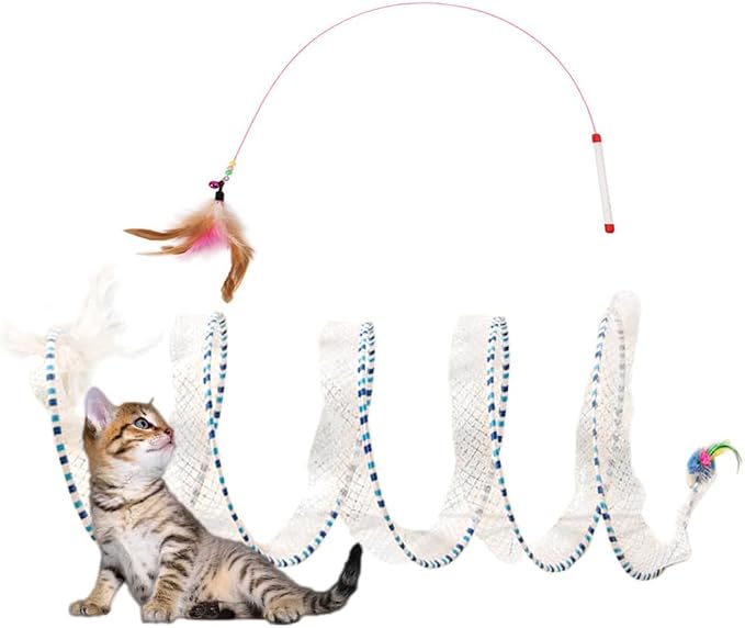 Spiral Tunnel Cat Toy, 25.59 Inches Unfolded with Cat Wand Self Play Collapsible, Hunting Spiral Tunnel with Feather Mouse Toys and Bell for Indoor Kitten Play Chase Exercise (Blue)