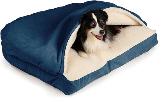 Snoozer Rectangle Cozy Cave Dog Bed - Indoor Dog Bed with Cover Cave, Covered Calming Burrow for Small & Medium Sized Pets with Blanket Attached, Enclosed, Washable Cover - Medium, Sapphire