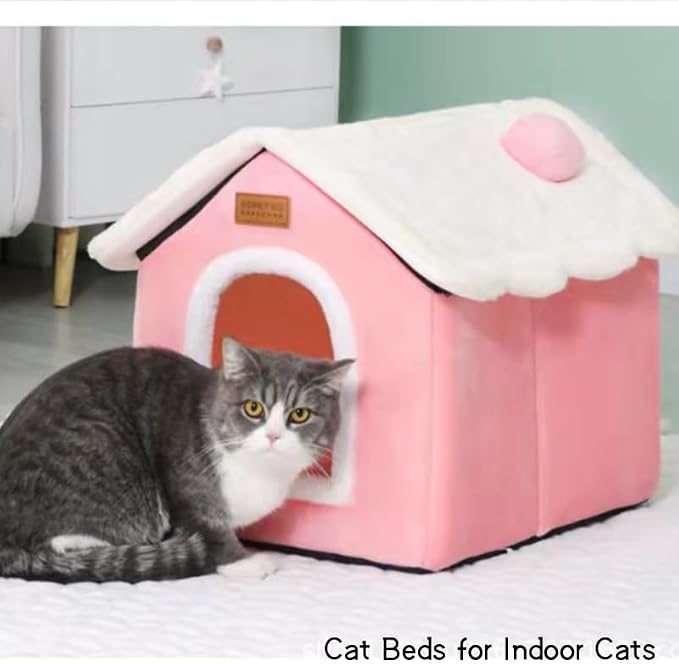 Cat Bed Cave, Cute Christmas Cat Beds for Indoor Cats, Xmas Pet House Cats Tent with Removable Cushion Pillow for Kittens Puppy Small Dogs (Pink-M(18 * 14.6 * 15.7in))