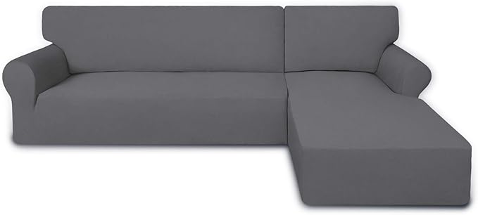 PureFit Super Stretch Sectional Couch Covers - 2 pcs Spandex Non Slip Sofa Covers with Elastic Bottom for L Shape Sectional Sofa Couch, Great for Kids & Pets (3 Seat Sofa + 3 Seat Chaise, Gray)