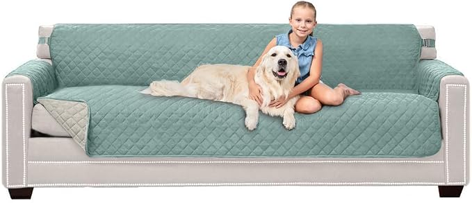 Sofa Shield® Couch Slip Covers for Dogs, Reversible Furniture Protector with Strap, Stain and Tear Resistant Cushion Cover, 88 inch Seat, Machine Washable Slipcover Pets, Cats, Seafoam Cream