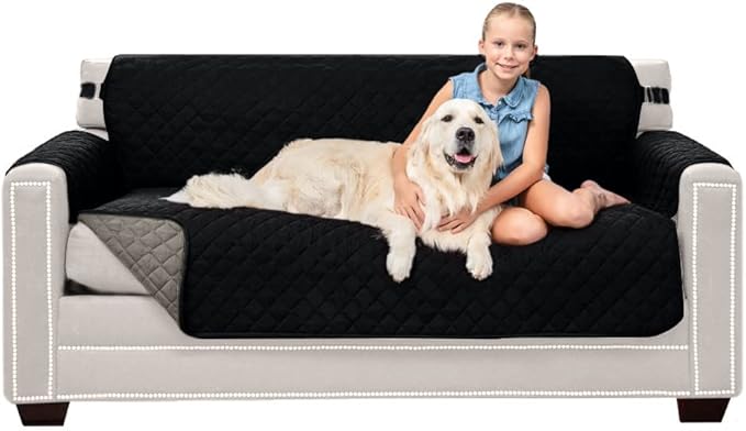 Sofa Shield® Couch Slip Covers for Dogs, Reversible Furniture Protector with Strap, Stain and Tear Resistant Cushion Cover, 62 inch Seat, Machine Washable Slipcover Pets, Cats, Black Gray