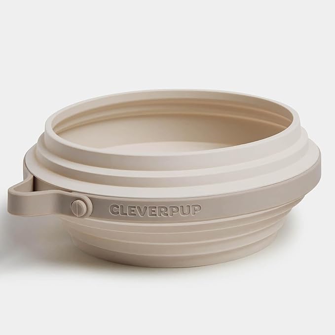 Cleverpup Nomad Large Collapsible Travel Dog Bowl - 4 Cup BPA-Free Silicone for Medium & Large Dogs, Portable, Food & Water, Dishwasher Safe - Sand Silicone