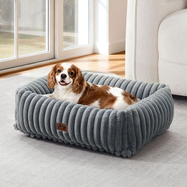 Washable Dog Bed Small Medium Size Dog, Rectangle Orthopedic Pet Bed for Car and Indoor,Fluffy Memory Foam Dog Beds with Anti-Slip Bottom,Grey(25x21x7inchs)
