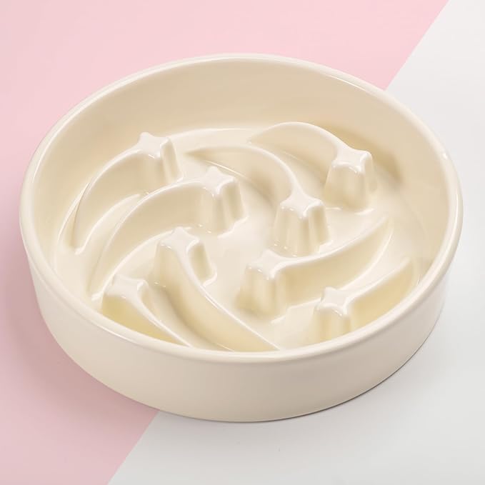 8.26 in Milk White Dog Bowl Slow Feeder Ceramic for Medium and Large Breed,Elevated/Raised Slow Feeding Dog Food Water Dish Heavy Weighted,Puzzle Eating Bowl Modern Maze Meteor