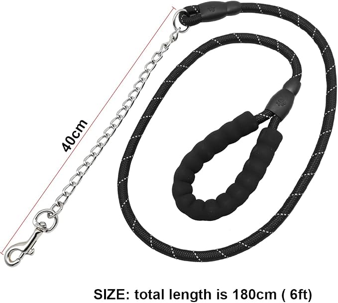 BTINESFUL 6FT Chewproof Dog Leash, Strong Nylon Rope with Anti-Chewing Chain and Padded Handle for Medium Large Dogs Outdoor Training Walking Hiking Black