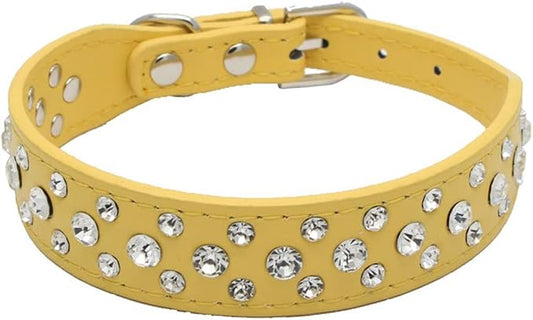 Rhinestone Dog Collar, Bling Rhinestone PU Leather Crystal Diamond Pet Dog Cat Puppy Collar Black S M L XL (M, Yellow)