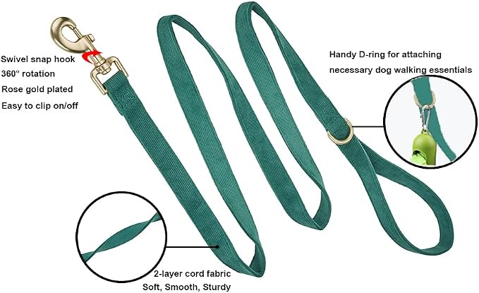 Soft Cotton Dog Leash, 5 Ft Heavy Duty Corduroy Dog Leashes with Gold Metal Hook for Small Medium Large Dogs,Small,Dark Green