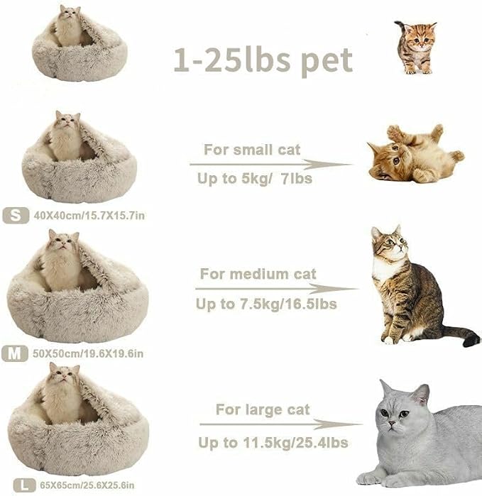 Cat Bed Round Fluffy Hooded Cat Bed Cave, Anti-Anxiety Cave Bed with Hooded Blanket, Cozy Cuddler Luxury Puppy Pet Bed, Anti-Slip Bottom and Machine Washable (Coffee, Large)