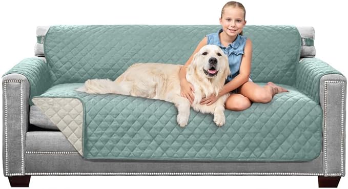 Sofa Shield® Couch Slip Covers for Dogs, Reversible Furniture Protector with Strap, Stain and Tear Resistant Cushion Cover, 70 inch Seat, Machine Washable Slipcover Pets, Cats, Seafoam Cream