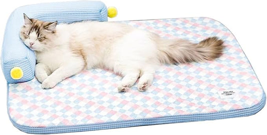 Cooling Cat Bed with Pillow – L-Shaped Sofa Design, Breathable Summer Mat for Kittens & Cats, Machine-Washable Cushion Calming Bed for Persian, Siamese, Small Pets (Blue, 25"x19"x4")