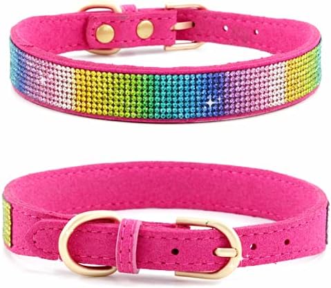Rhinestone Dog Collar, Cute Dazzling Sparkling Soft Suede Leather Dog Cat Rhinestone Collar Crystal Diamond Pet Dog Puppy Collar (XXS, Hot Pink-3)