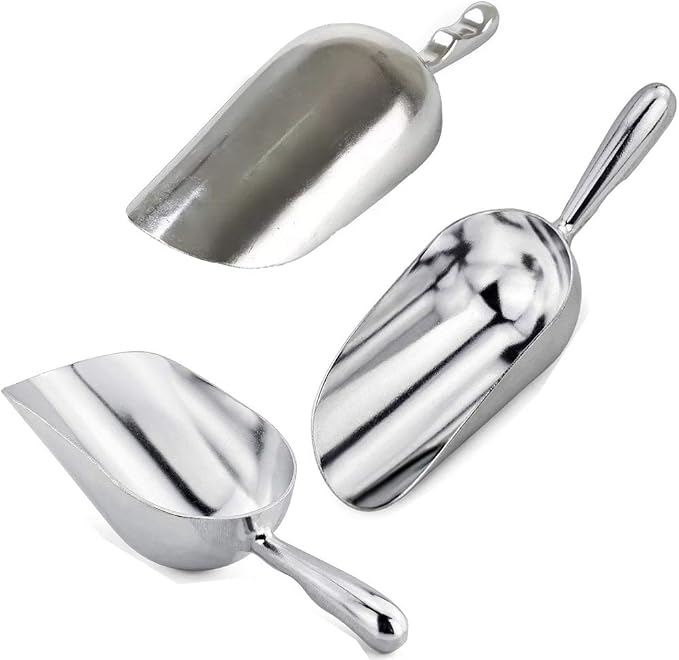 Ice Cube Endurance Scoop, Cast Aluminum Shovel Scoops Kitchen Utility Scoops Set Contoured Handle，Ideal for Ice Cube Coffee Bean Food Candy Flour Popcorn Rust Free (12oz Silver)