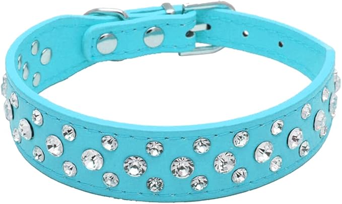 Rhinestone Dog Collar, Bling Rhinestone PU Leather Crystal Diamond Pet Dog Cat Puppy Collar Black S M L XL (XS, Light Blue)