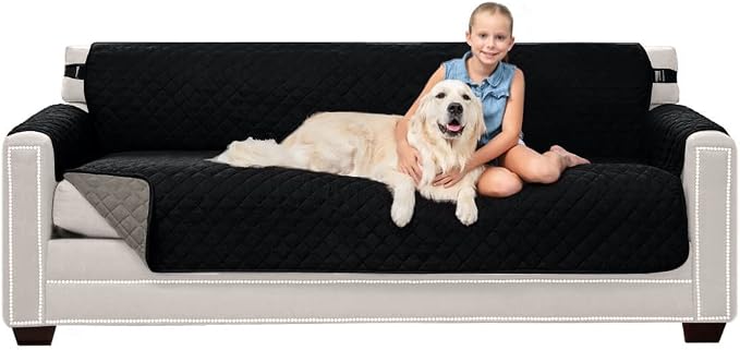 Sofa Shield® Couch Slip Covers for Dogs, Reversible Furniture Protector with Strap, Stain and Tear Resistant Cushion Cover, 78 inch Seat, Machine Washable Slipcover Pets, Cats, Black Gray