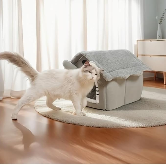 Cozy Pet House, Indoor Plush Dog Cat Bed, Gray and White, Detachable Washable Winter Cave with Soft Polyester, Small Medium Large Sizes