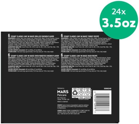 Cesar Classic Loaf in Sauce Adult Wet Dog Food with Duck, Oven Roasted Chicken, Grilled Chicken, and Turkey Recipes, 3.5 oz. Easy Peel Trays, Variety Pack (24 Count, Pack of 1)