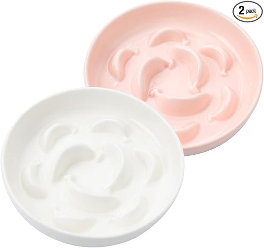 Cat Slow Feeder Bowl Set - 2-Pack Ceramic Cat Dishes for Slow Eating - Whisker-Friendly Cute Maze Bowls for Dry & Wet Food - Microwave & Dishwasher Safe - White and Pink