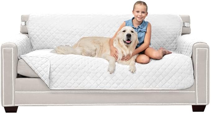 Sofa Shield® Couch Slip Covers for Dogs, Reversible Furniture Protector with Strap, Stain and Tear Resistant Cushion Cover, 70 inch Seat, Machine Washable Slipcovers Dog Pets, Cats, White