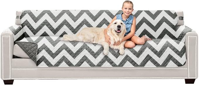 Sofa Shield® Couch Slip Covers for Dogs, Reversible Furniture Protector with Strap, Stain and Tear Resistant Cushion Cover, 88 inch Seat, Machine Washable Slipcover Pets, Cats, Chevron Gray