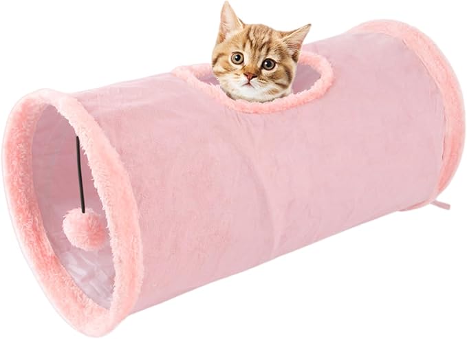 Cat Tunnel,Indoor Cat Play Tube Toys with Play Ball,Durable Collapsible Rabbit Hideaway Tunnel for Kitten,Bunny, Guinea Pig, Rat, Hamster, Ferret, Chinchilla (Pink)
