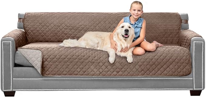 Sofa Shield® Couch Slip Covers for Dogs, Reversible Furniture Protector with Strap, Stain and Tear Resistant Cushion Cover, 78 inch Seat, Machine Washable Slipcover Pets, Cats, Latte Linen