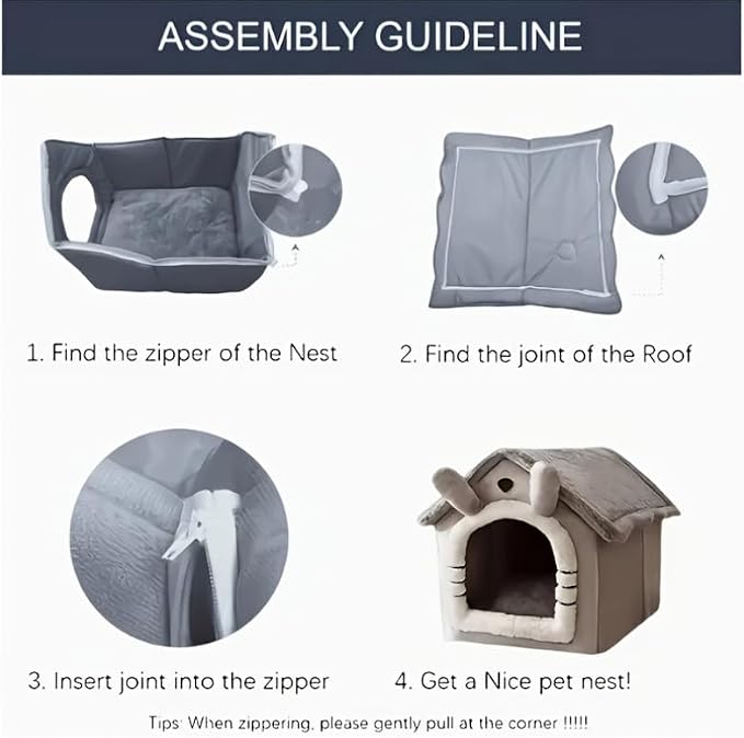 Cozy Pet House, Indoor Plush Dog Cat Bed, Gray and White, Detachable Washable Winter Cave with Soft Polyester, Small Medium Large Sizes