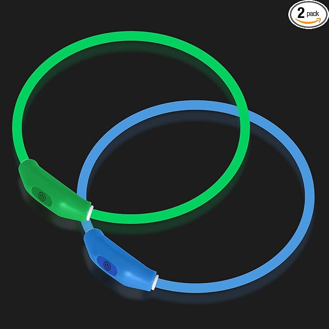 Novkin 2-Pack LED Dog Collar, Light Up Dog Collars,Rechargeable Dog Lights for Night Walking，Universal, Reusable Safety Necklace for Small Medium Large Dogs Green&Blue