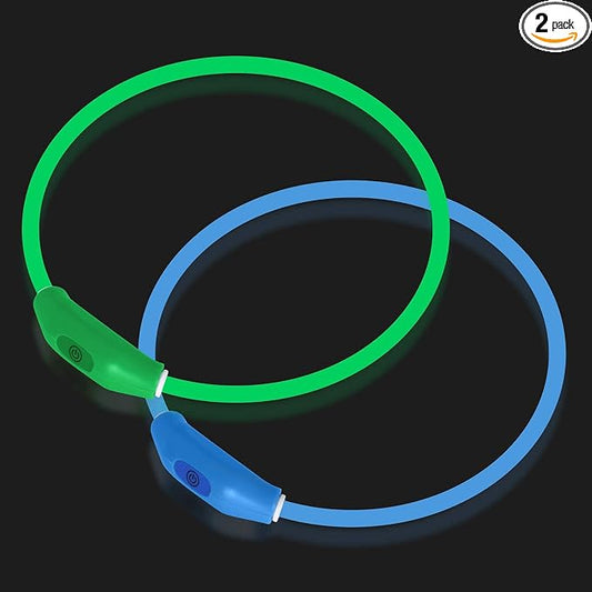 Novkin 2-Pack LED Dog Collar, Light Up Dog Collars,Rechargeable Dog Lights for Night Walking，Universal, Reusable Safety Necklace for Small Medium Large Dogs Green&Blue