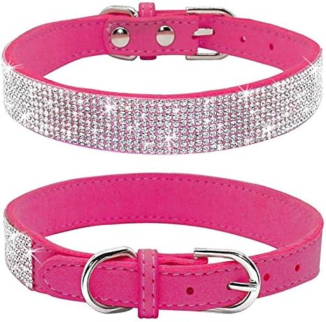 Rhinestone Dog Collar, Cute Dazzling Sparkling Soft Suede Leather Dog Cat Rhinestone Collar Crystal Diamond Pet Dog Puppy Collar(Hot Pink,XS)