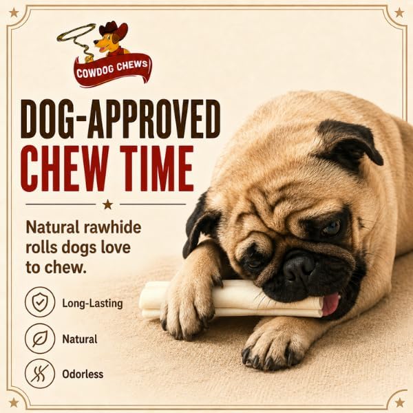 Cowdog Chews 5-6 Inches Rawhide Retriever Roll - Chewing Dog Treat, 100% Natural - Natural Grass Fed Livestock Sourced (50 Pack)