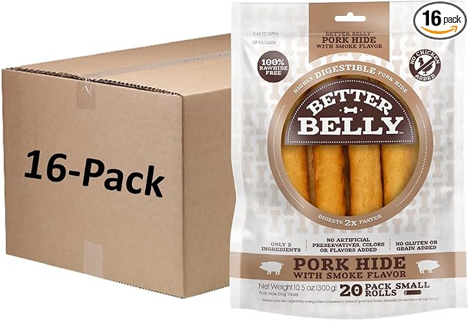 Better Belly Pork Hide Rolls with Smoke Flavor Small, 20 Count, Digestible Pork Hide for Dogs