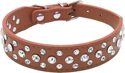 Rhinestone Dog Collar, Bling Rhinestone PU Leather Crystal Diamond Pet Dog Cat Puppy Collar Black S M L XL (M, Brown)