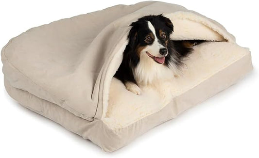 Snoozer Rectangle Cozy Cave Dog Bed - Indoor Dog Bed with Cover Cave, Covered Calming Burrow for Small & Medium Sized Pets with Blanket Attached, Enclosed, Washable Cover - Medium, Buckskin