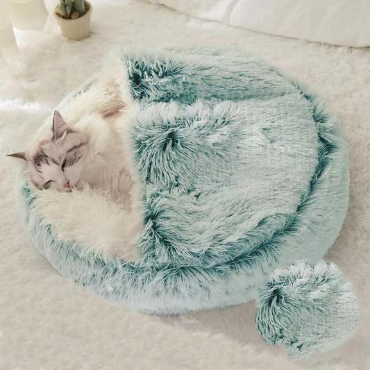 Cat Bed Round Fluffy Hooded Cat Bed Cave, Anti-Anxiety Cave Bed with Hooded Blanket, Cozy Cuddler Luxury Puppy Pet Bed, Anti-Slip Bottom and Machine Washable (Green, Medium)